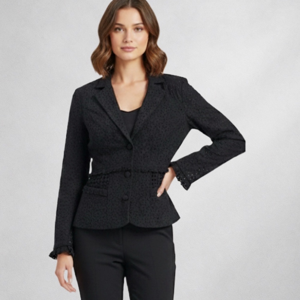 CAbi Black Eyelet Cotton Jacket Blazer Women’s Size 2 Lined 0018